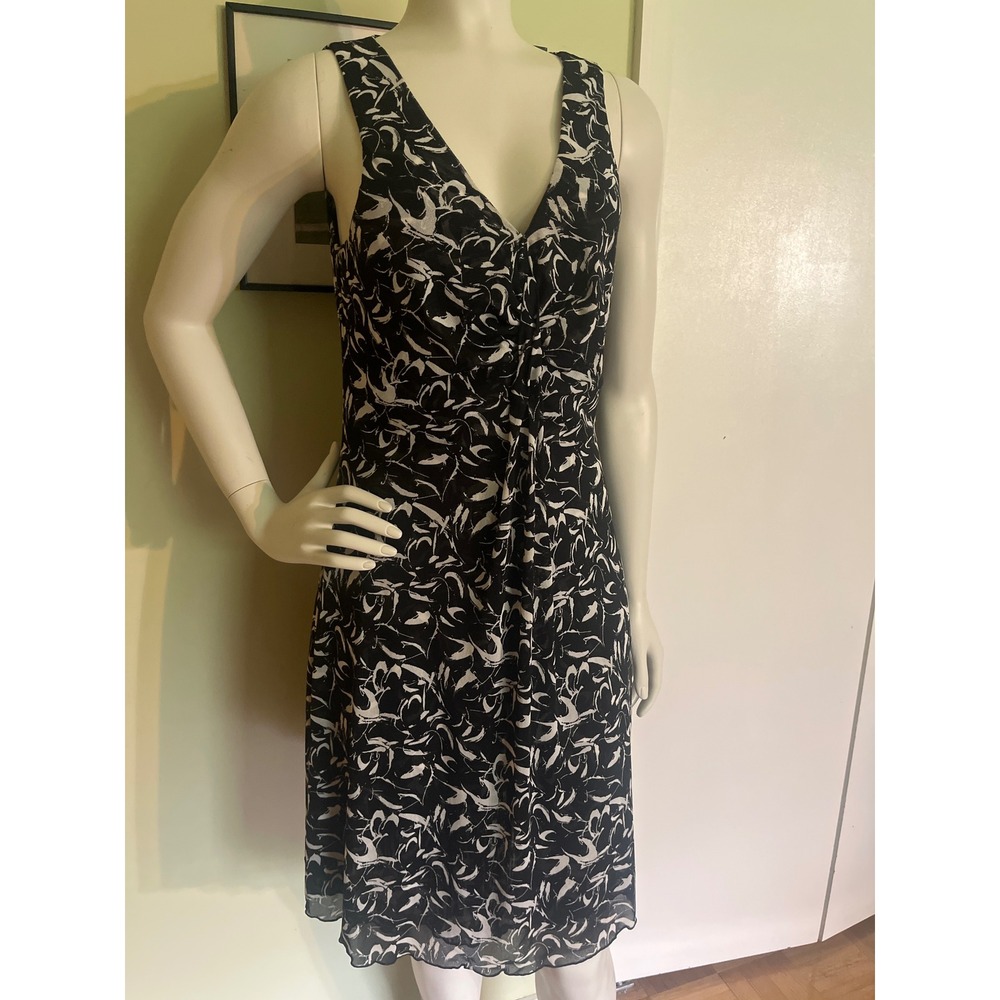 Kenneth Cole New York Womens Black White Abstract Mesh V-Neck Ruched Dress Small